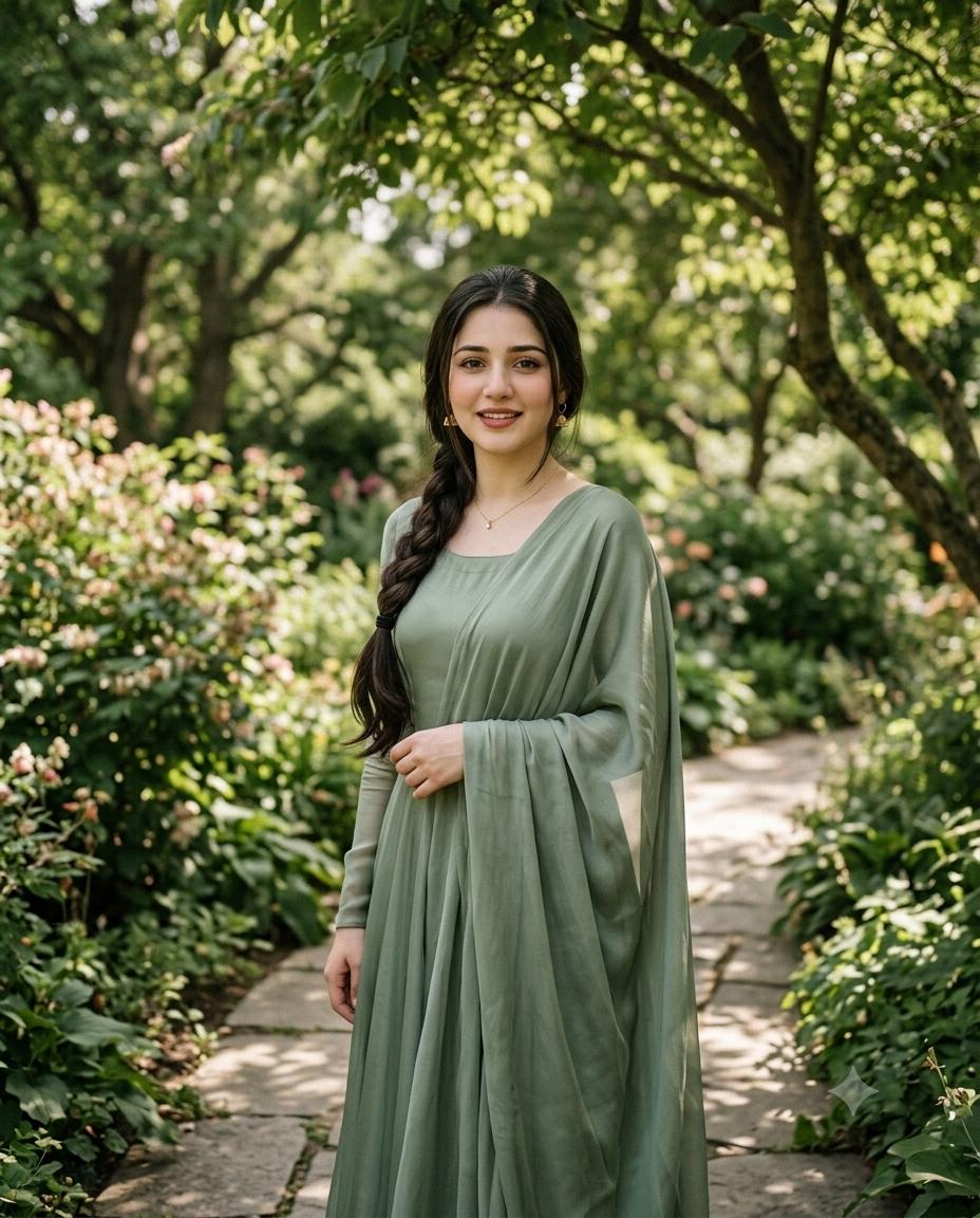 Elegant garden woman portrait AI image prompt Gemini | Sage green silk gown, botanical greenery and cinematic photography