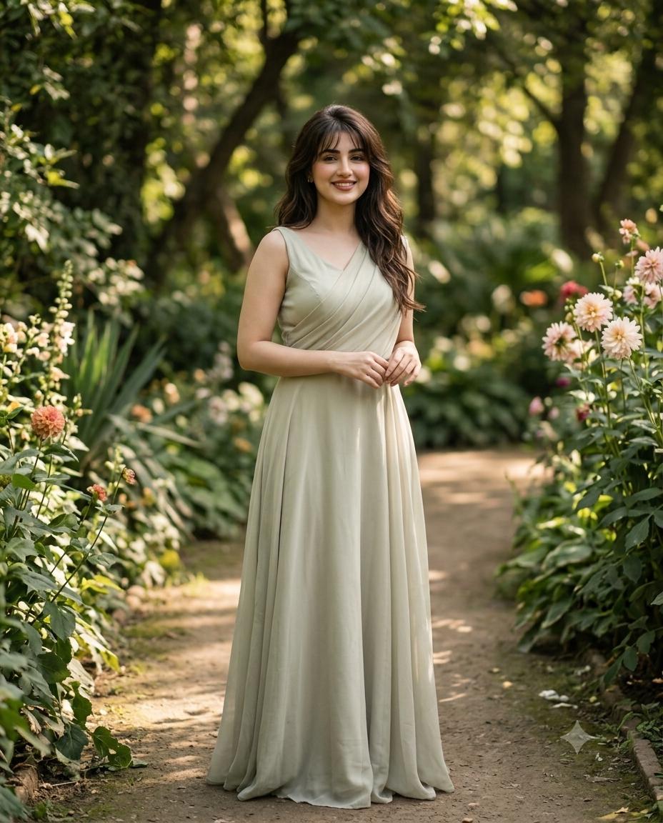 Sage Silk Gown Woman Portrait AI Image Prompt | Natural Light & Cinematic 50mm Photography