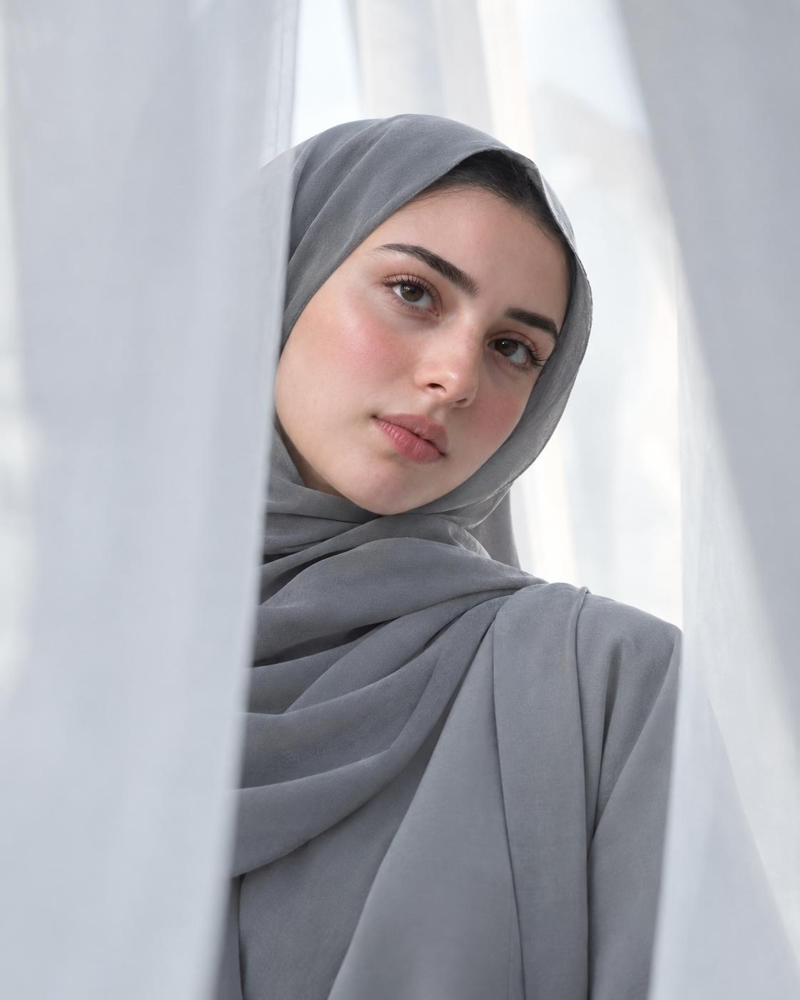 Grey hijab portrait AI image prompt Gemini | Minimalist luxury modest fashion