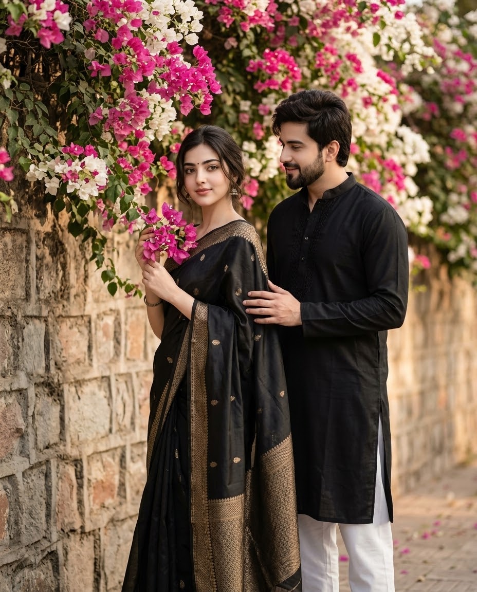 Elegant Indian Couple in Black Saree & Kurta with Bougainvillea | Romantic 8K Portrait | AI image prompt