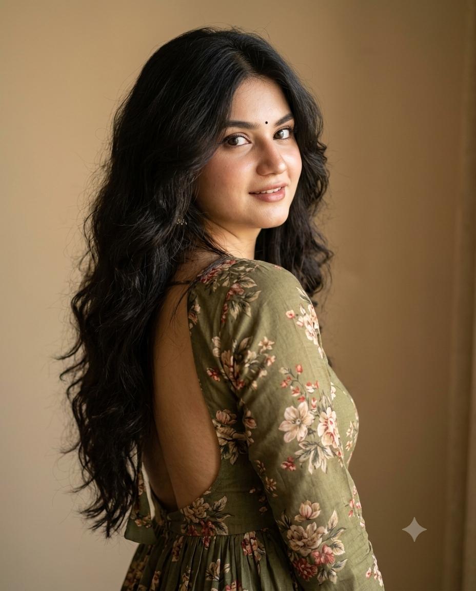 Elegant Woman Olive Green Dress Portrait AI Image Prompt | Soft Window Light & Wavy Hair
