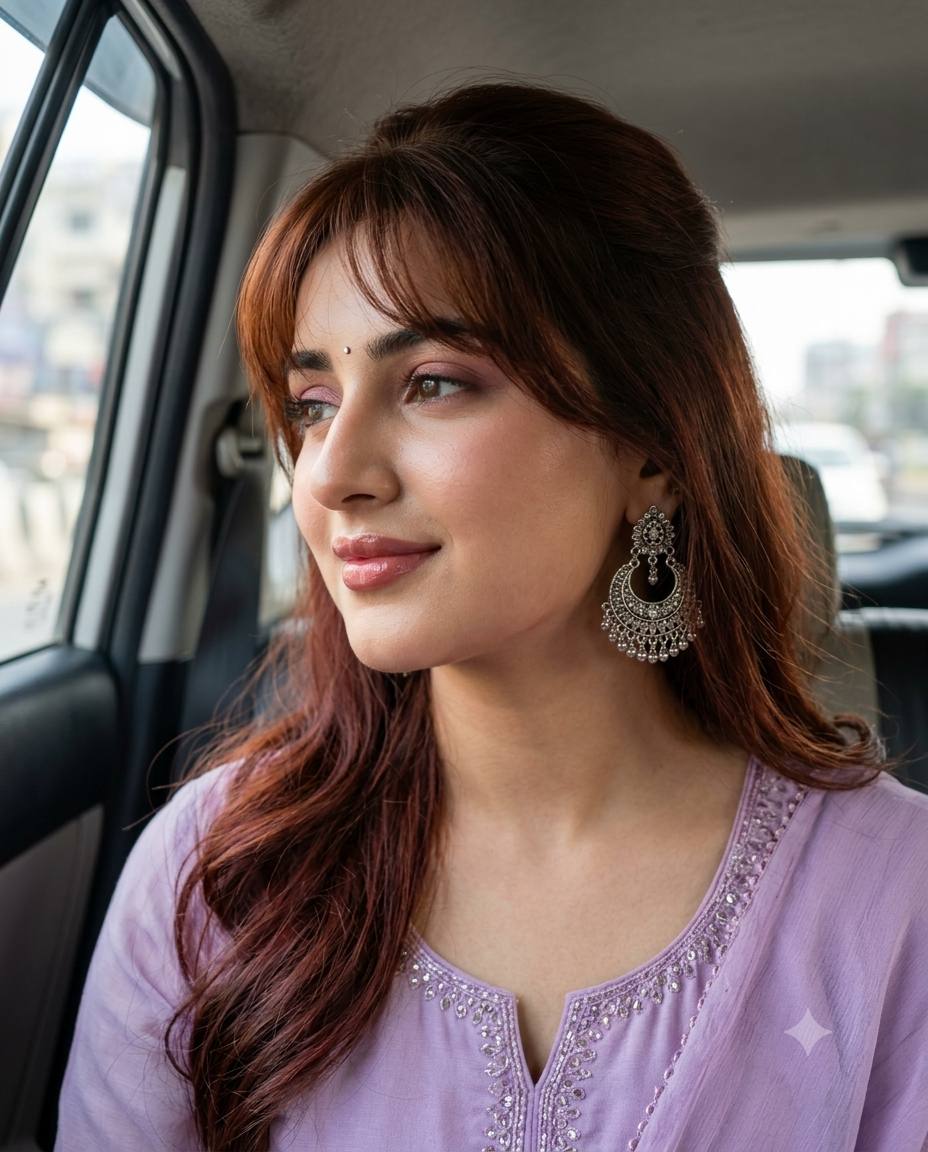 Indian woman car portrait AI prompt | Light purple outfit and silver chandbali earrings
