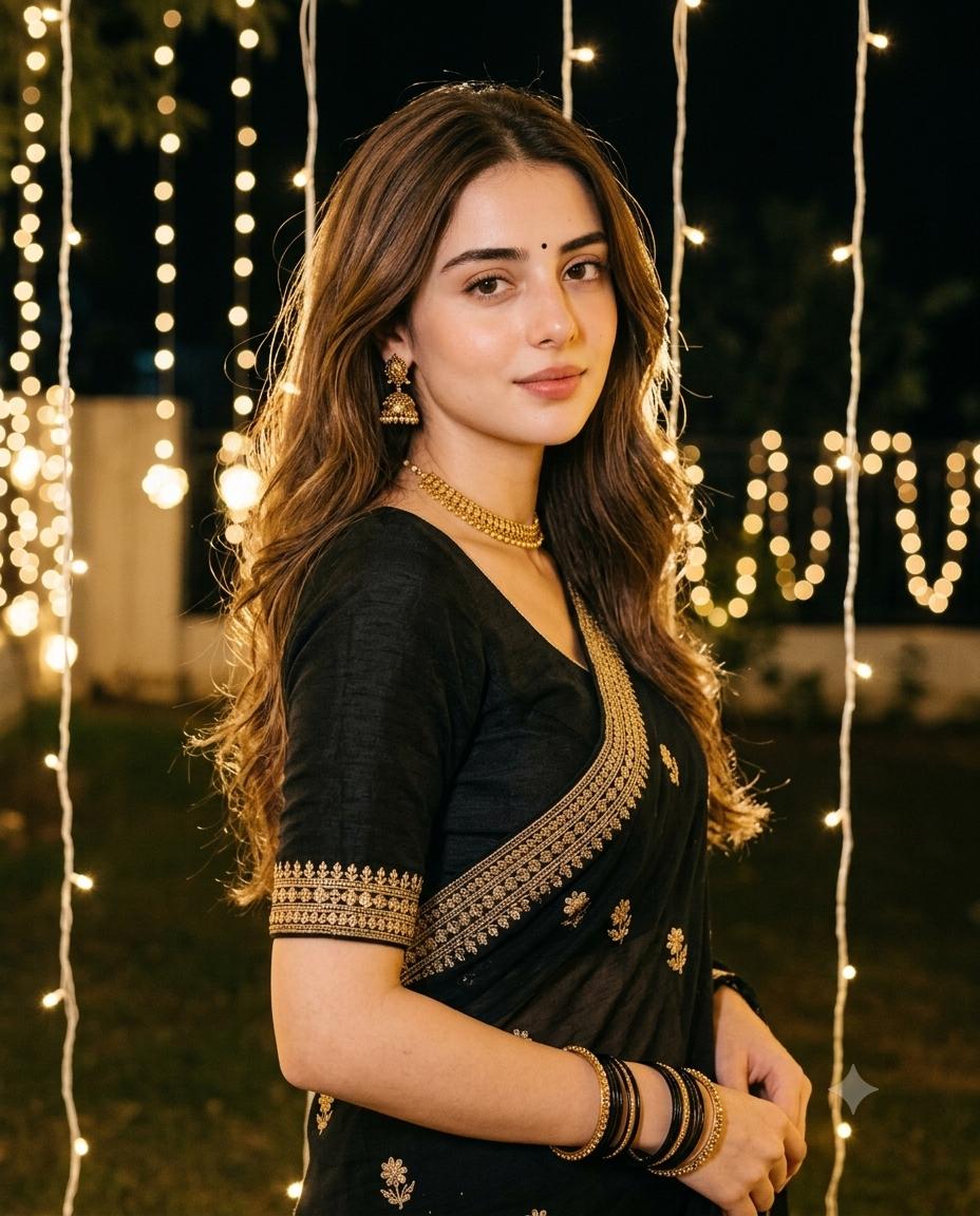 Indian woman saree portrait AI image prompt Gemini | Black and gold saree with golden fairy-light bokeh