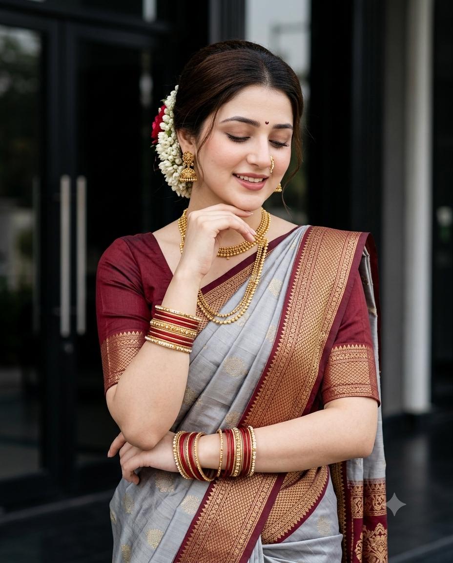 woman saree portrait AI image prompt Gemini | Silver-grey silk, maroon blouse and traditional gold jewelry