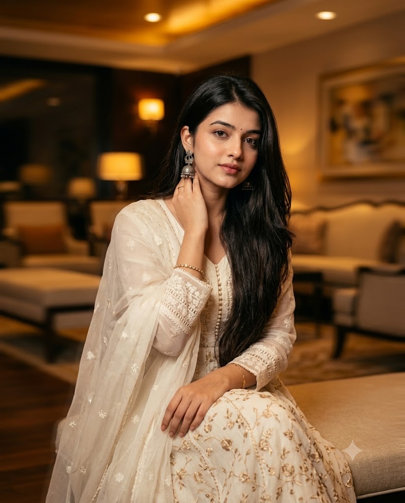 Elegant Ivory Anarkali Portrait in Luxury Cinematic Interior AI Image Prompt