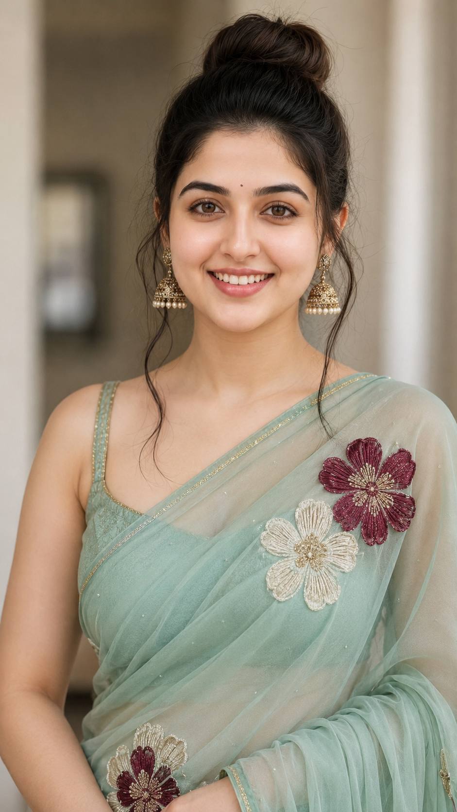 Elegant Sea Green Floral Saree Portrait – Photorealistic 8K AI Image Prompt