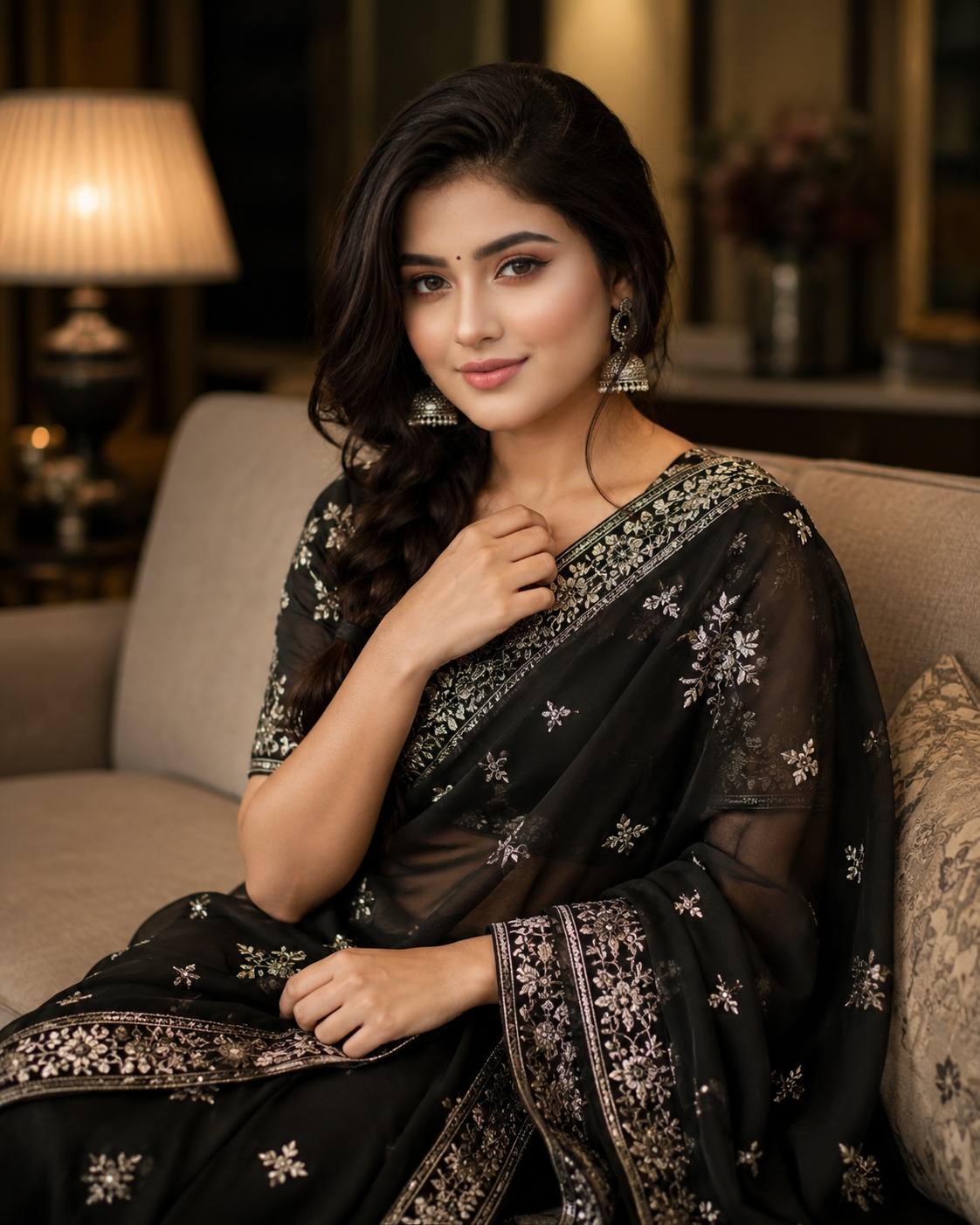 Elegant South Asian Woman in Black Saree | Photorealistic Cinematic Luxury Portrait AI Image Prompt