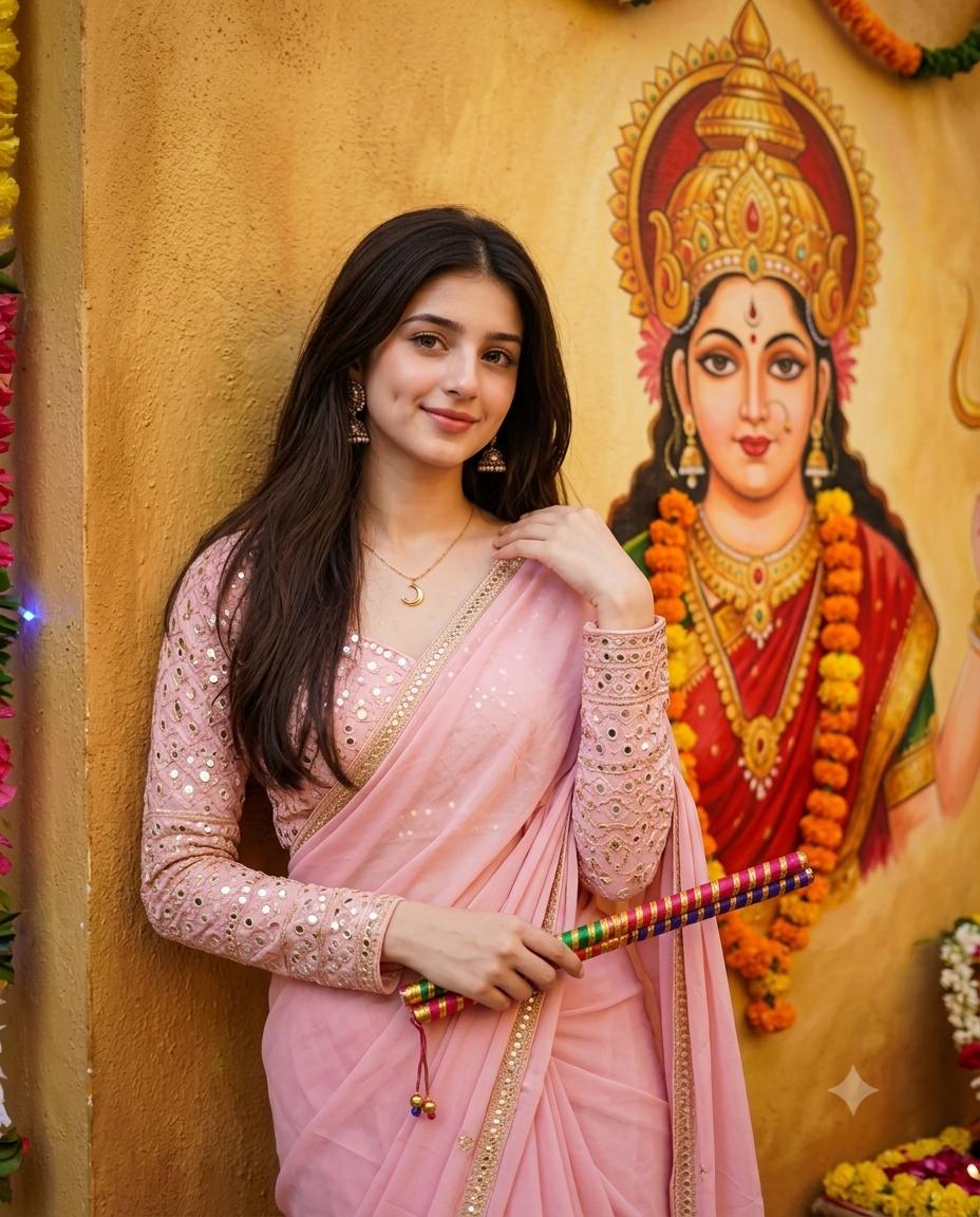 Navratri woman portrait AI image prompt Gemini | Pastel pink saree, dandiya sticks and Goddess Durga art