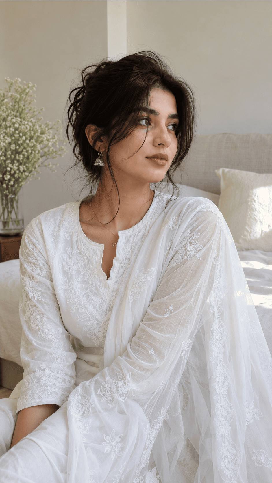 Elegant South Asian Woman in White Chikankari Kurta | Ultra-Realistic AI Portrait Prompt