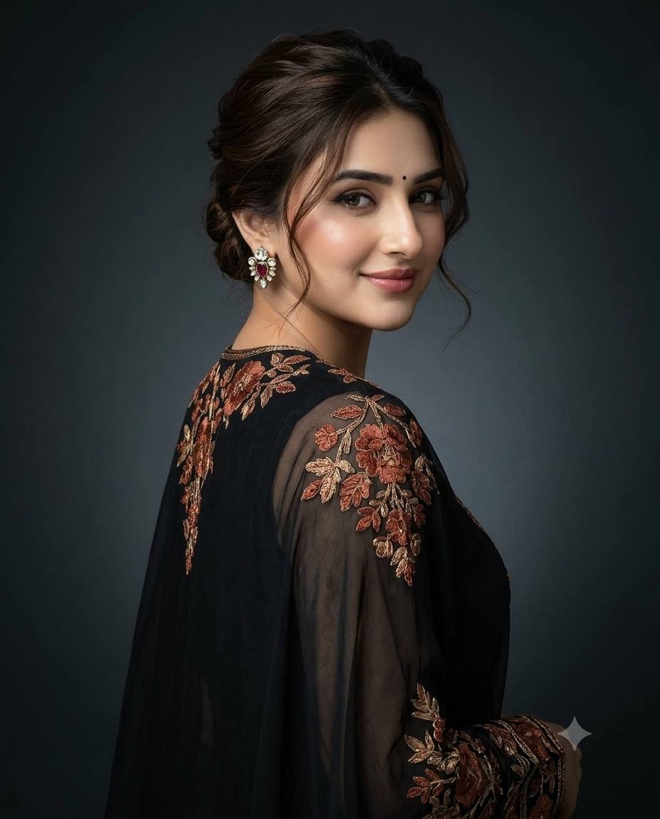 Asian woman portrait AI prompt | Black cape tunic & gold jewelry