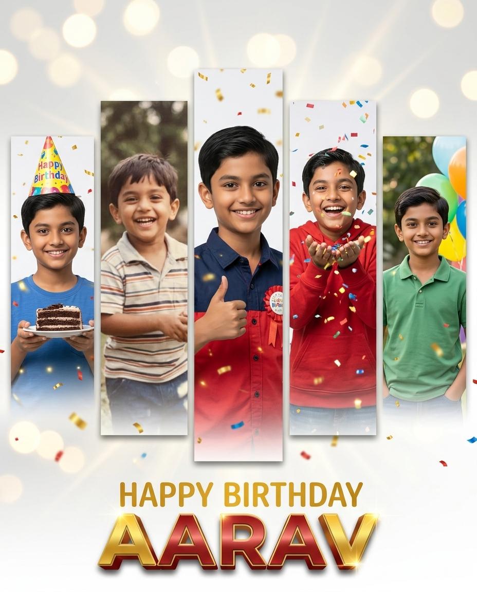 Elegant White & Gold Birthday Poster Design with Five Vertical Photo Panels | Soft Golden Bokeh, Radiant Light Rays & Minimalist AI Image Prompt