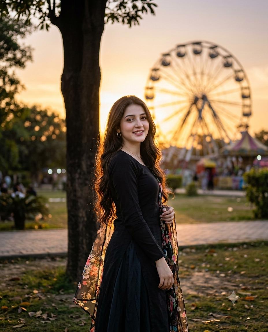 Woman sunset portrait AI image prompt Gemini | Black outfit, Ferris wheel and cinematic golden-hour photography