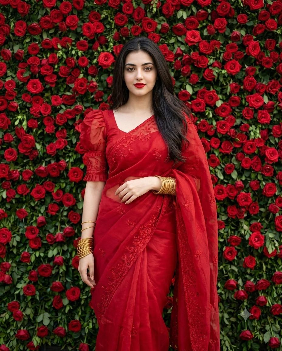 Woman Red Organza Saree Portrait AI Image Prompt | Rose Wall & Golden Bangles