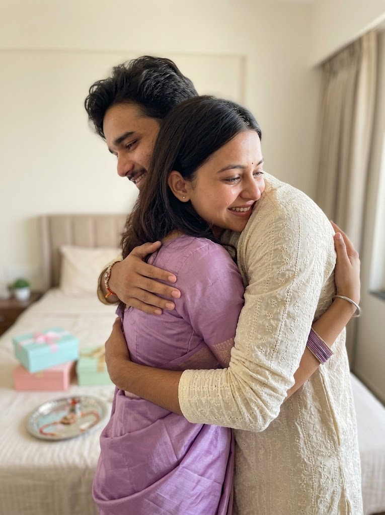 Emotional Raksha Bandhan Brother Sister Hug AI Image Prompt | Heartwarming Indian Festival Photography