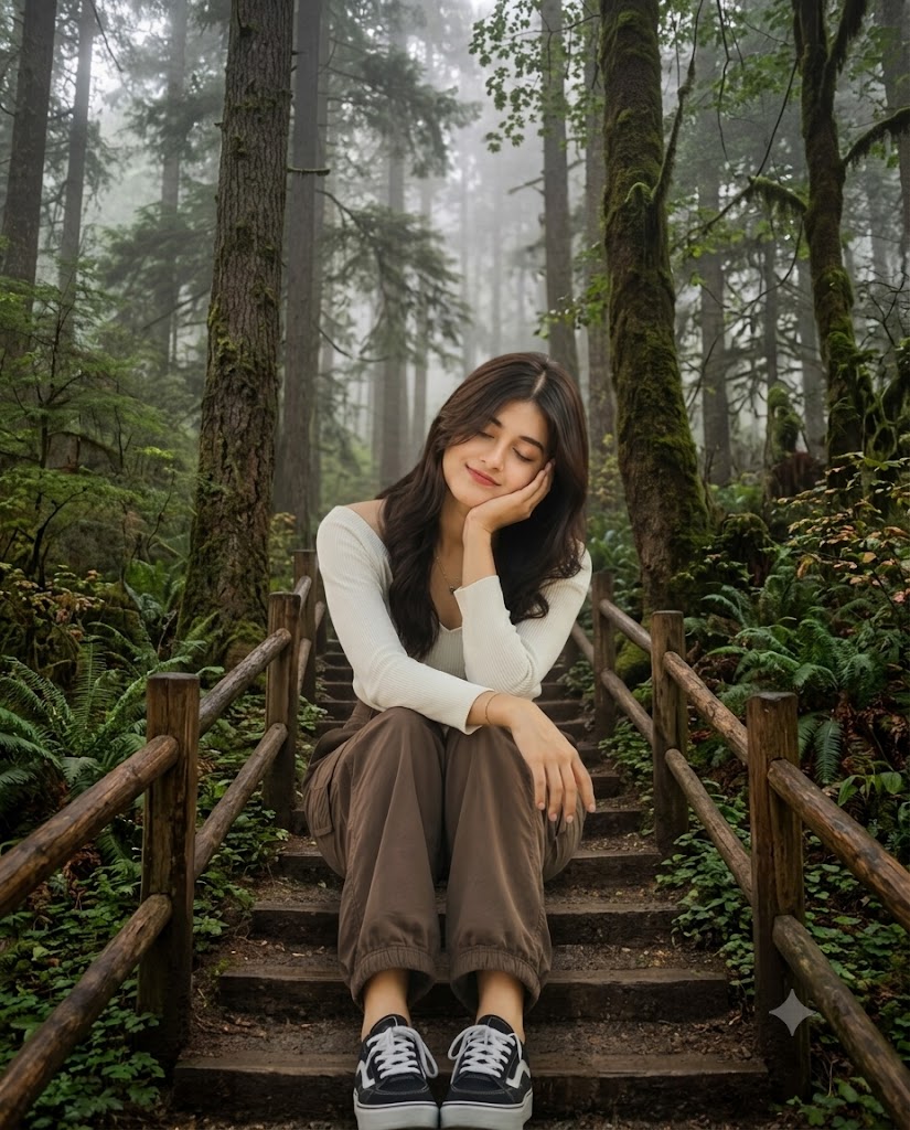 Exact Reference Photo Recreation with Identical Forest Staircase AI Image Prompt