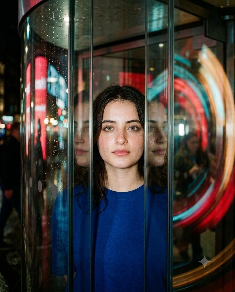Cinematic Glass Entrance Portrait AI Image Prompt Gemini | Cobalt Blue Top, Neon Reflections & Analog 35mm Film Aesthetic