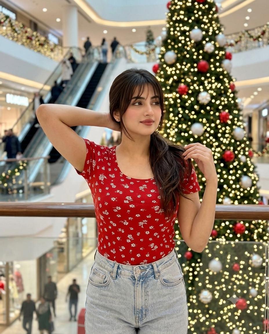 Christmas mall portrait AI image prompt | Red floral top, high-waisted jeans and sparkling tree bokeh