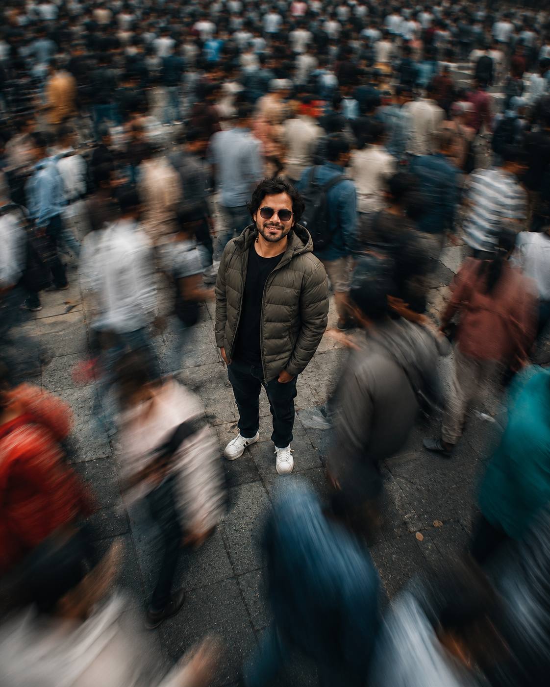 Frozen in Time City Portrait AI Prompt | Cinematic Motion Blur for Man and Woman