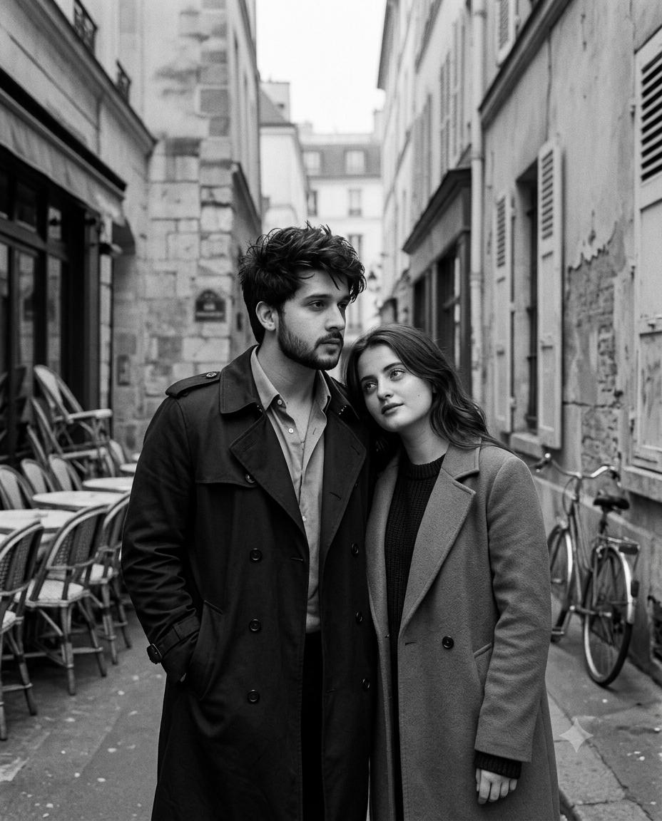 Romantic couple portrait AI image prompt Gemini | 1960s Paris street, black-and-white French New Wave cinema