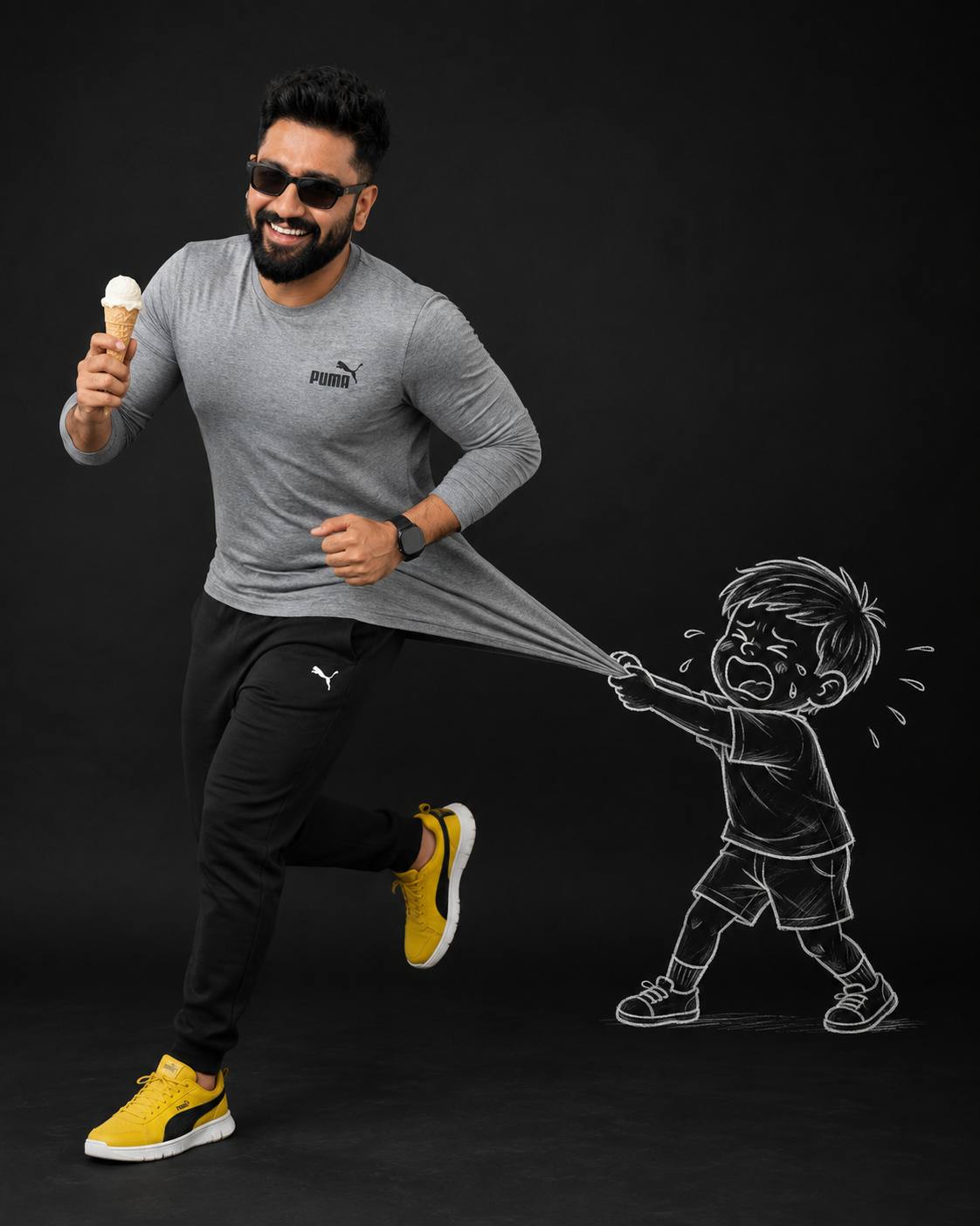 Funny Running Man with Ice Cream and Chalk Doodle Boy AI Image Prompt