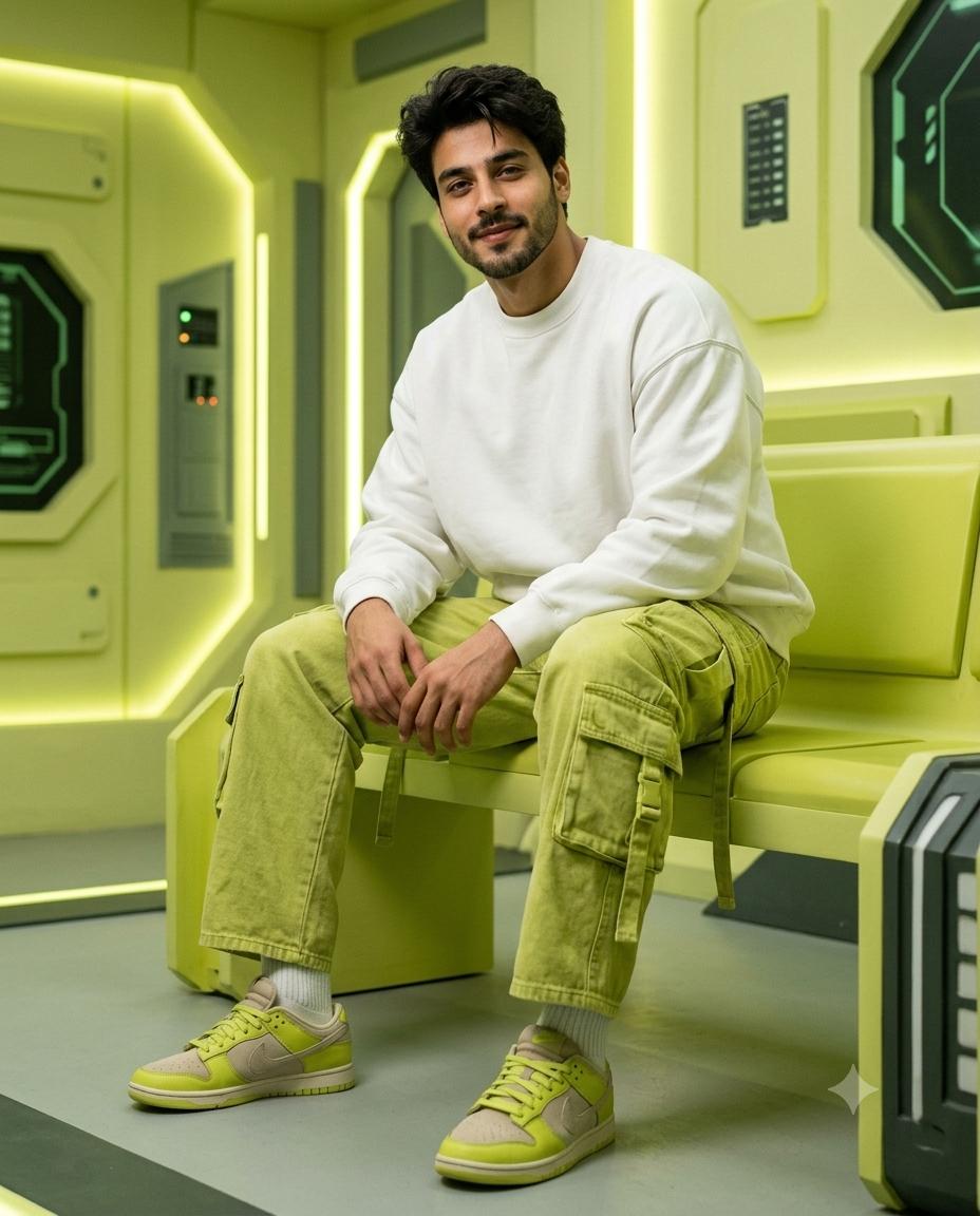 Futuristic streetwear portrait AI image prompt | Lemon green oversized sweatshirt and combat jeans