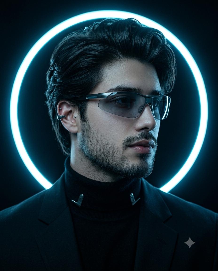 Neon halo portrait AI image prompt Gemini | ring light, black turtleneck and futuristic studio style