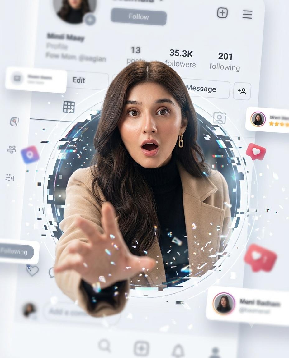 Futuristic social media profile AI image prompt Gemini | 3D digital art, woman emerging through a pixel-glitch portal