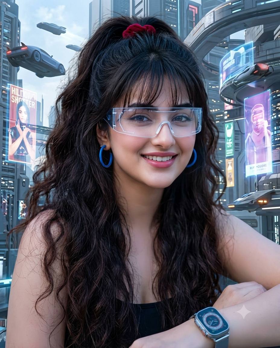 Futuristic woman portrait AI prompt | Curly hair, smart watch & 2050 city