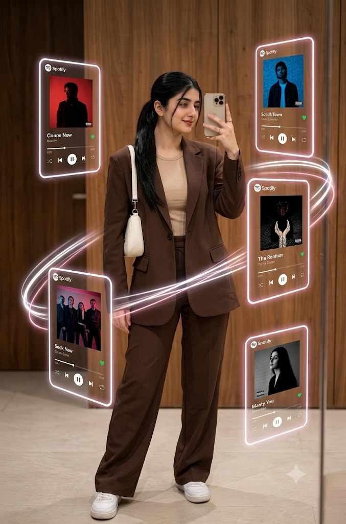 Futuristic Spotify Mirror Selfie AI Prompt | Luxury Fashion Portrait with Holographic Music Aesthetic