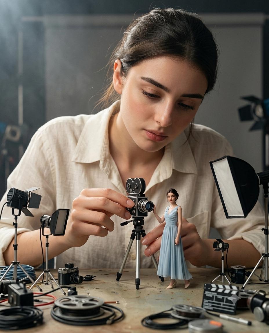 Giant woman filmmaker AI image prompt Gemini | Miniature camera, pastel blue dress and cinematic film studio