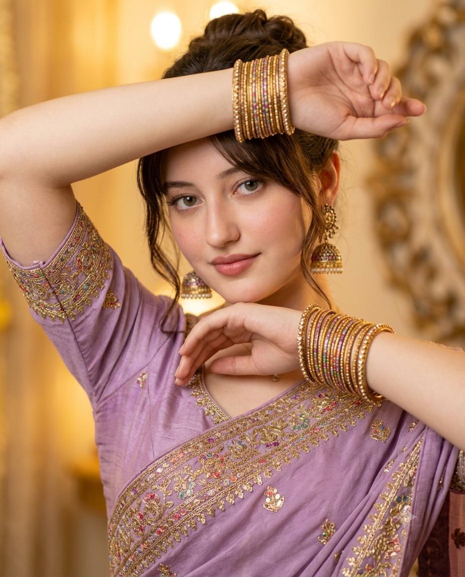 South Asian woman lavender saree portrait AI image prompt | Embroidered saree, ornate jhumkas and golden bokeh