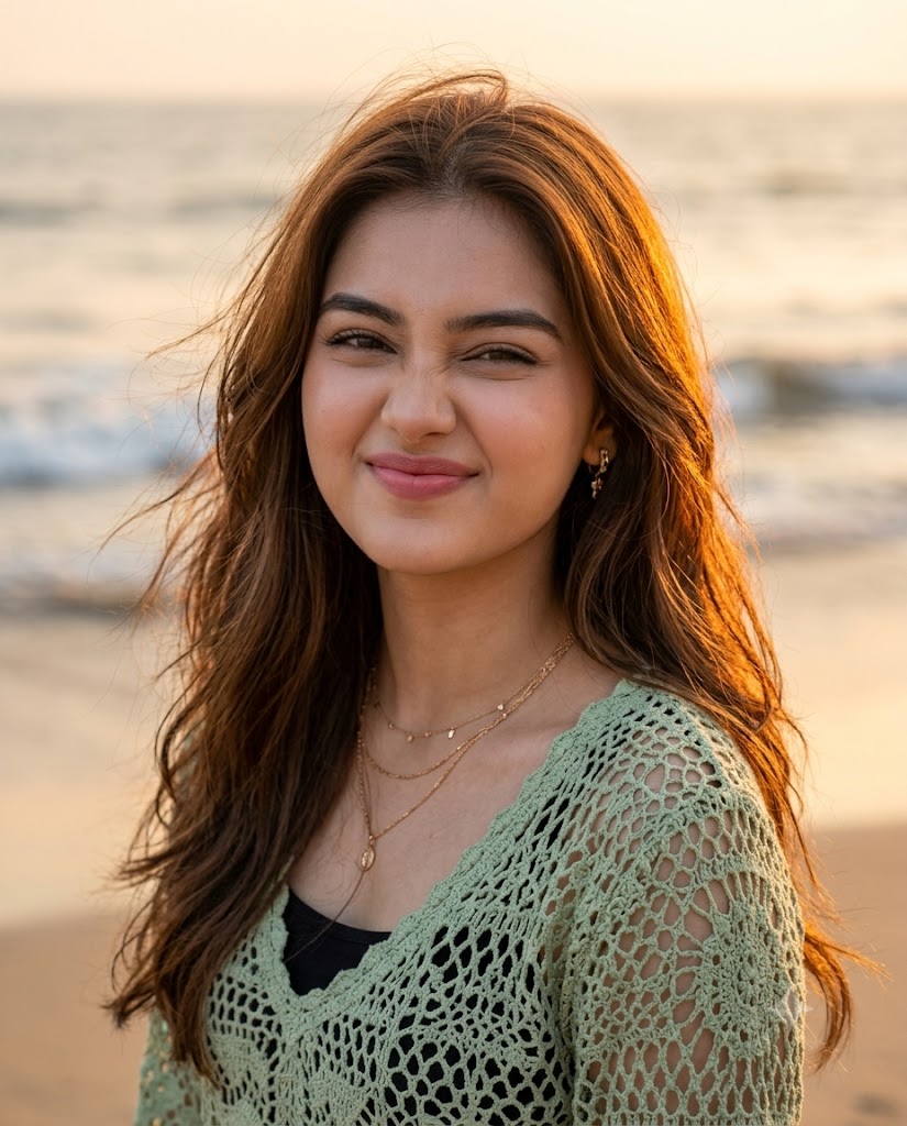 Golden Hour Beach Portrait of a Playful Young Woman AI Image Prompt