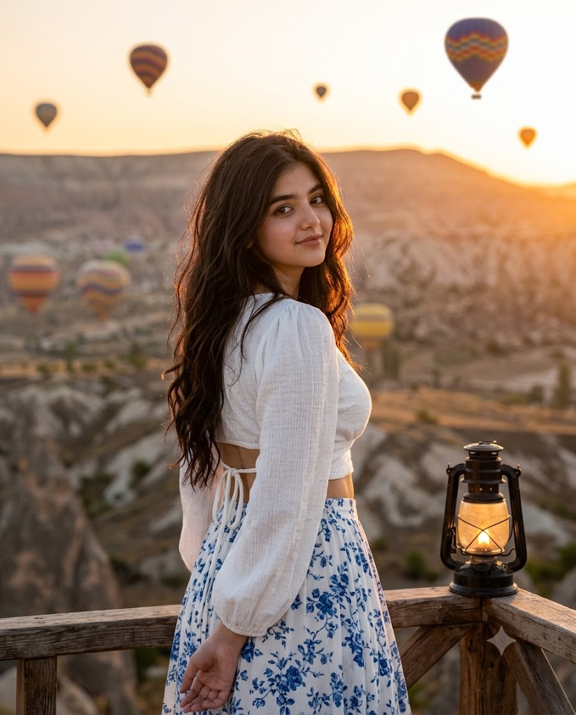 Golden Hour Boho Travel Portrait in Mountain Valley with Hot Air Balloons Ai Prompt