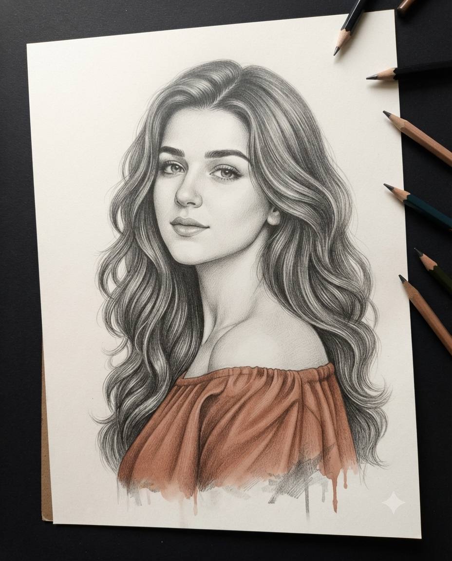 Graphite pencil portrait AI prompt | Selective burnt-orange color effect