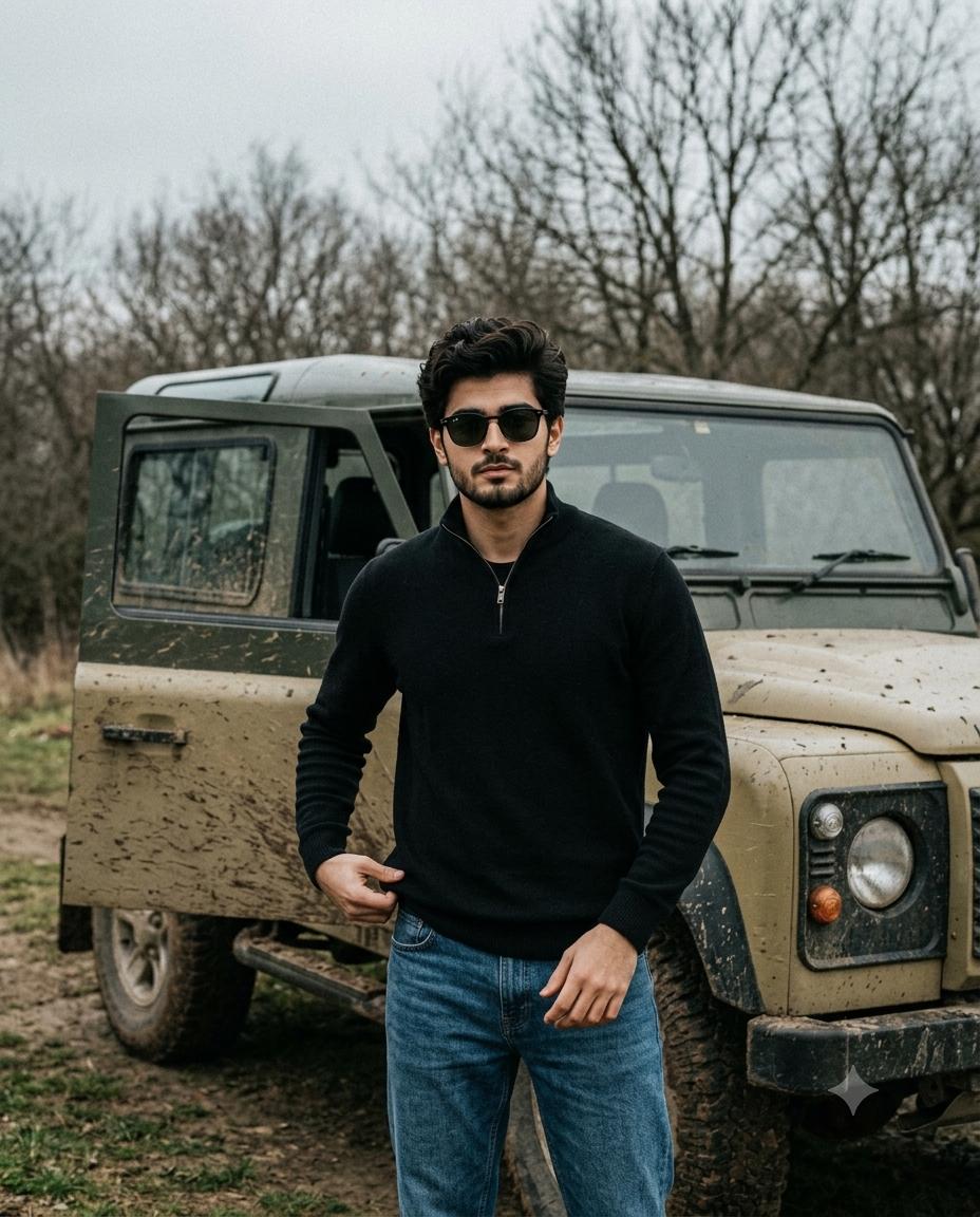 Off-road male portrait AI image prompt | Gritty muddy Defender automotive fashion photography