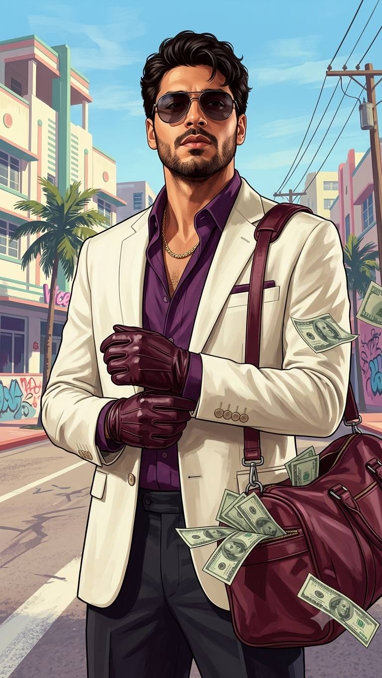 Vice City criminal portrait AI prompt | Luxury white suit and cinematic style