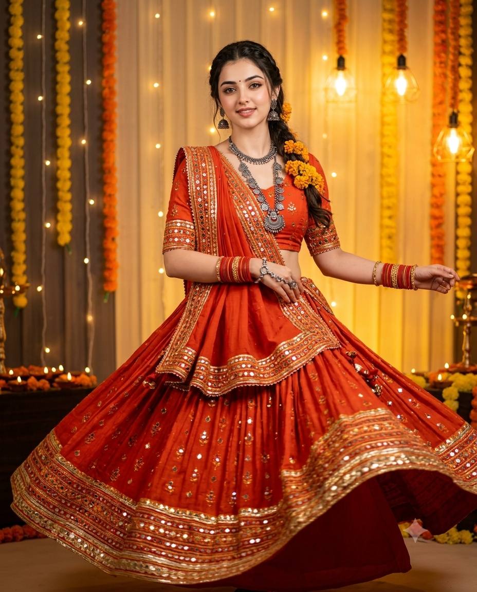 Gujarati Garba fashion AI prompt | Orange-red chaniya choli & marigold hair