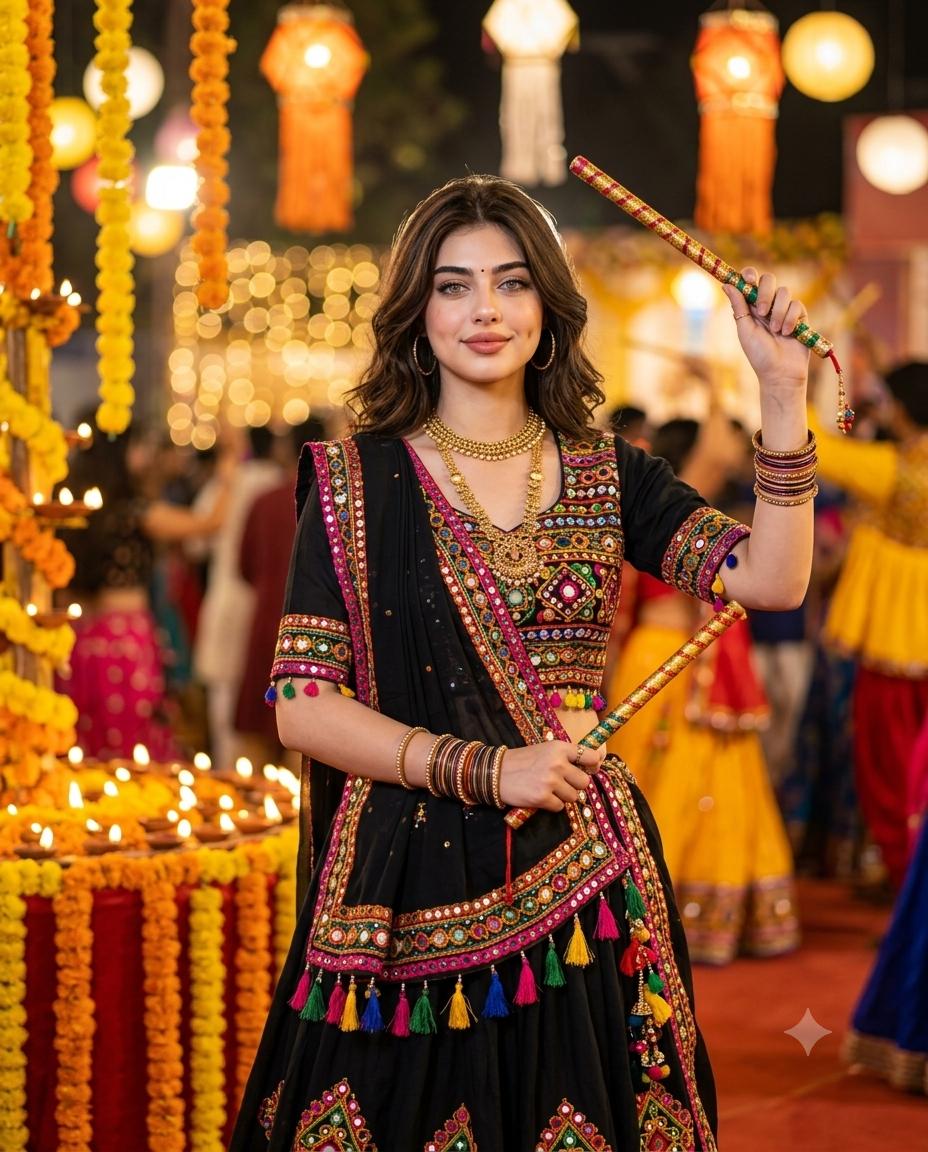 Gujarati Woman Garba Portrait AI Image Prompt | Black Mirror-Work Chaniya Choli & Festive Lights
