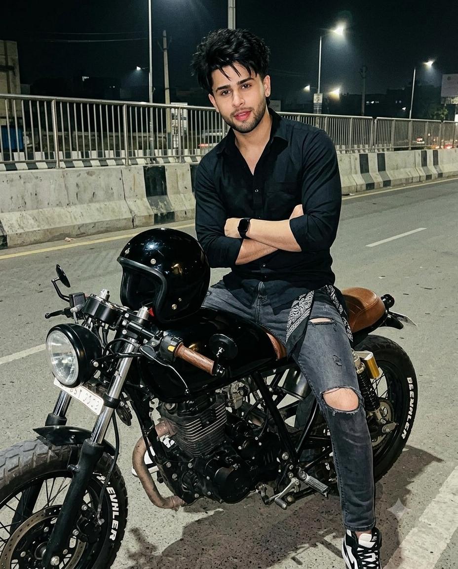 man motorcycle AI image prompt Gemini | Black racer and urban night flash photography