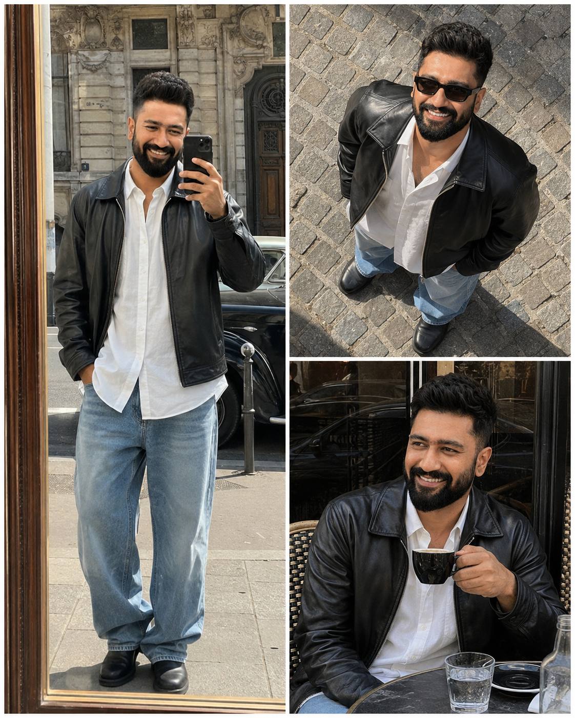 Handsome Young Man 3-Panel European Street Mirror Selfie AI Image Prompt