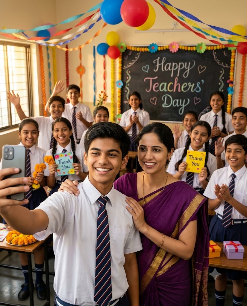 Happy Teachers’ Day Selfie with Teacher – Indian Classroom AI Photo Prompt