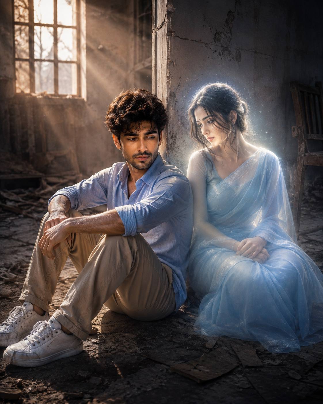 Heartbroken Man and Ethereal Blue Saree Woman Sad Cinematic AI Image Prompt