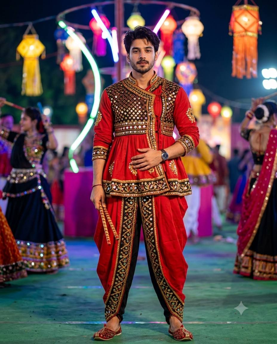 Heroic Dandiya night AI prompt | Red-black mirror work & Garba lights