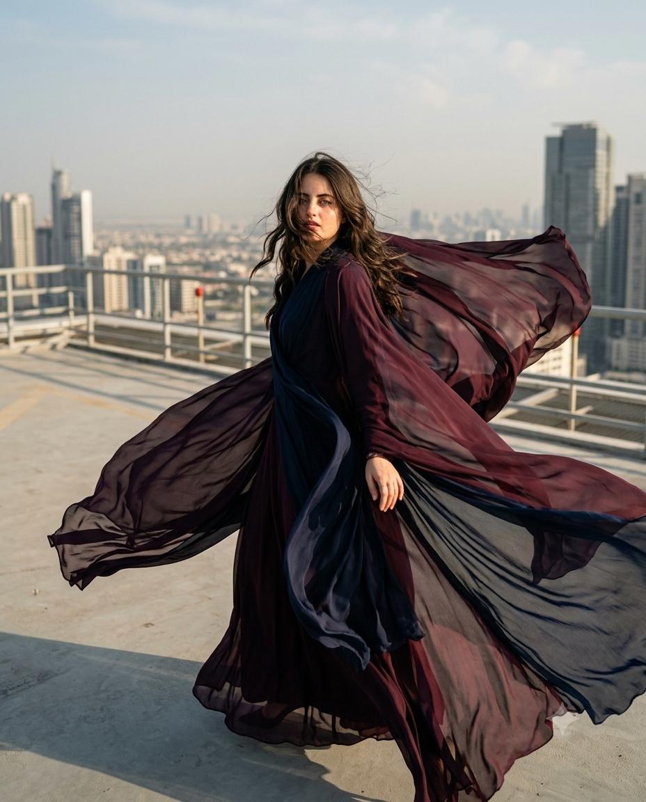 Cinematic fashion portrait AI image prompt Gemini | Flowing fabric rooftop editorial