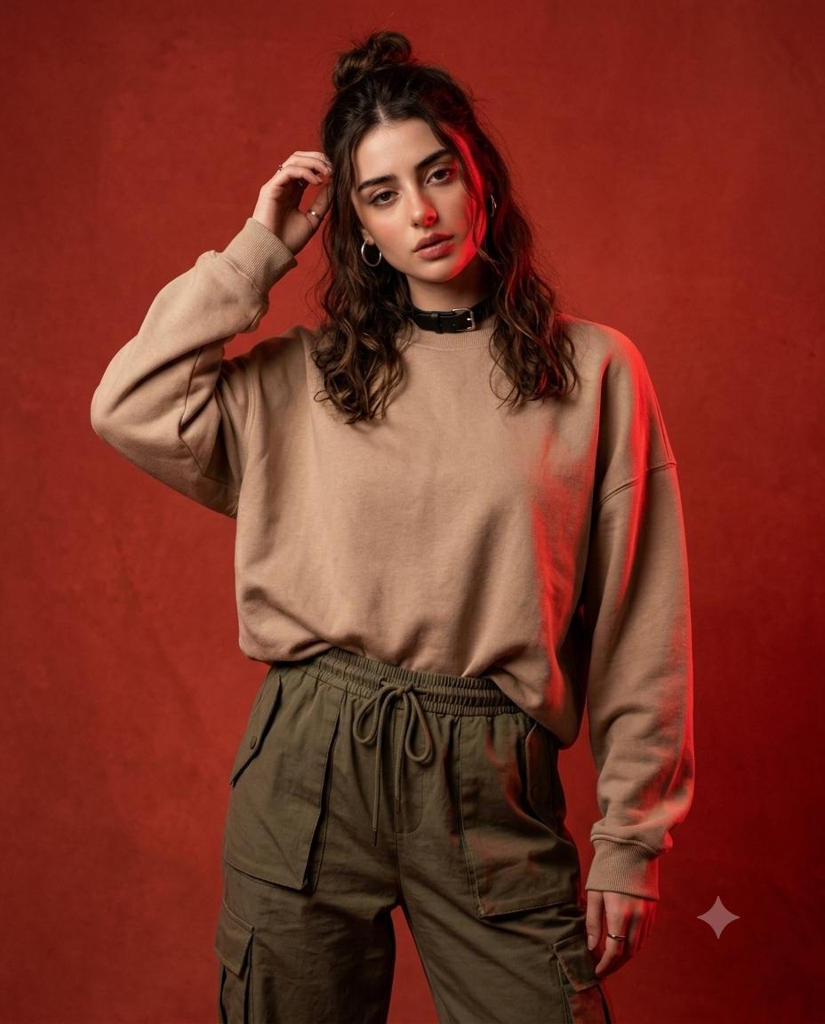 woman fashion AI image prompt Gemini | Beige sweatshirt, olive cargo joggers and crimson studio lighting
