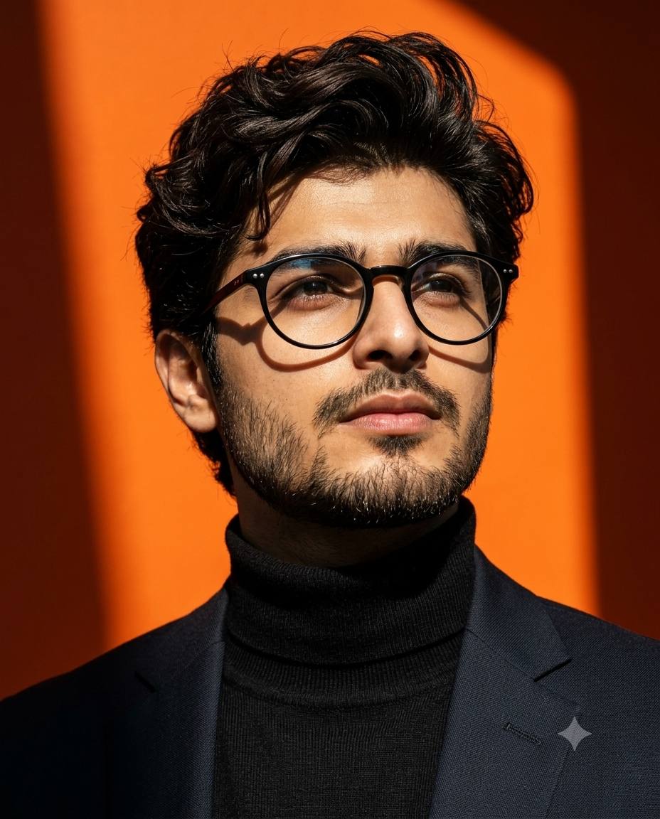 High-fashion portrait AI prompt | Messy wavy hair and dramatic sunlight