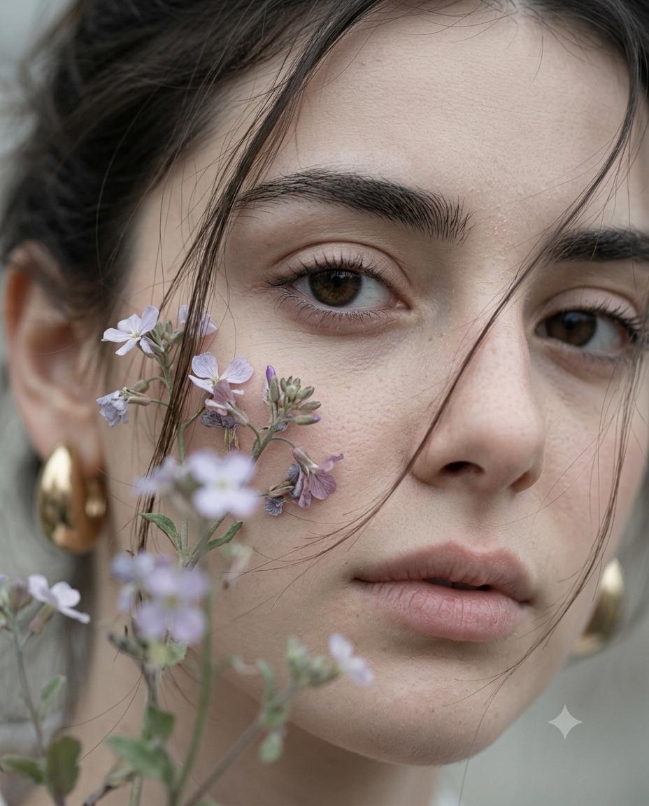 Hyper-Realistic Fine Art Macro Portrait of a Woman AI Image Prompt | Lilac Wildflowers, Natural Skin Texture & Pastel Bokeh