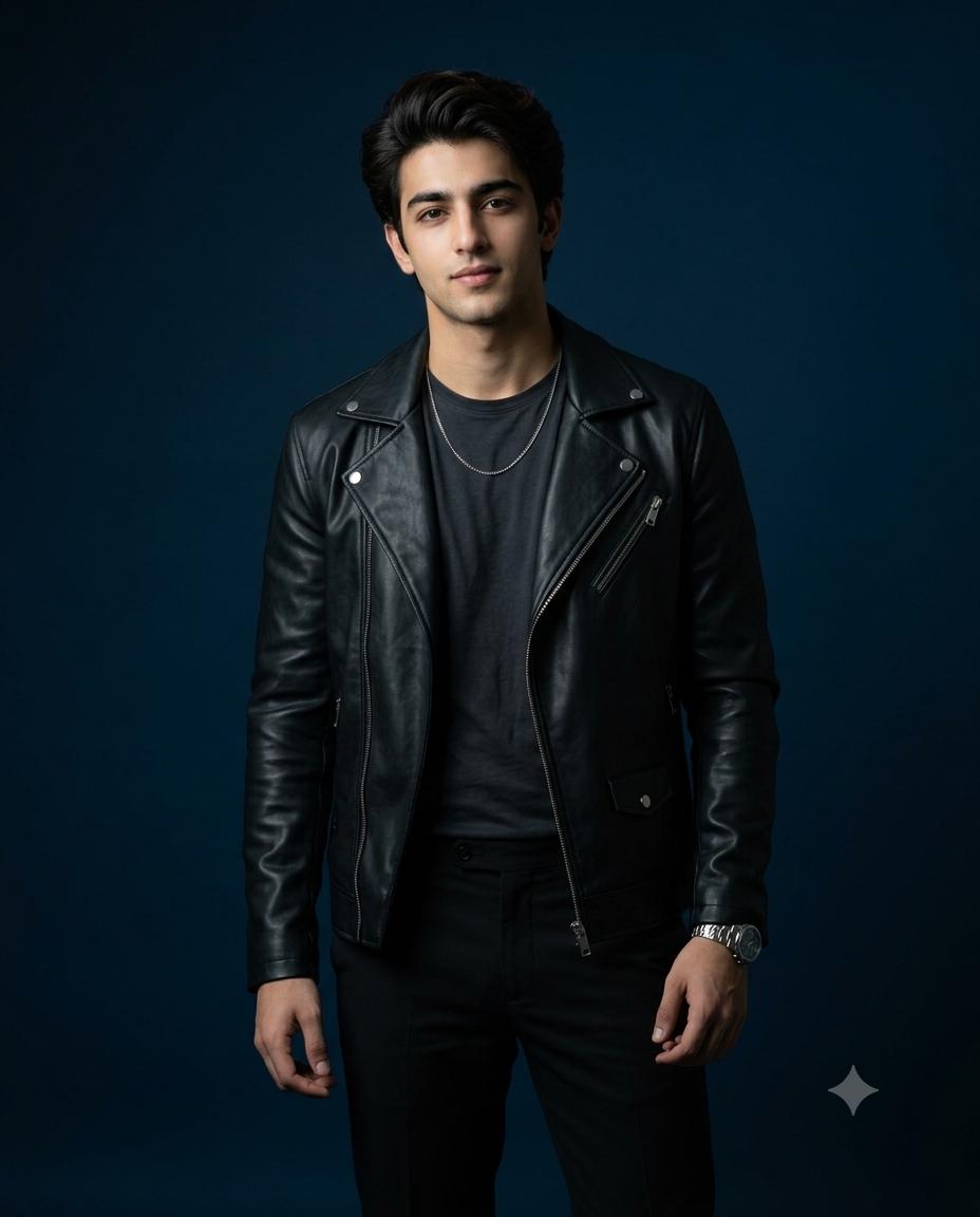 Hyper-Realistic Male Streetwear Portrait Ai image prompt | Moody Midnight Blue Studio Fashion