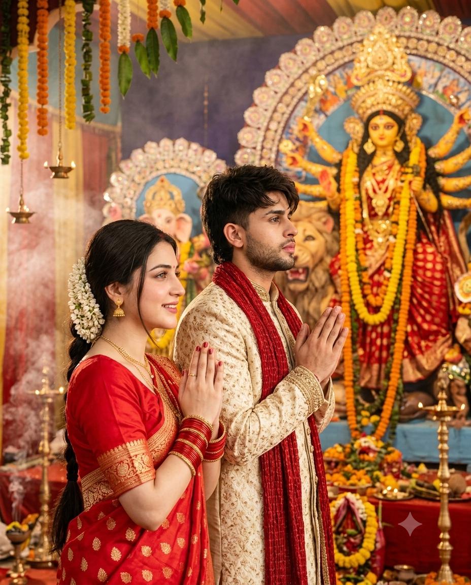 Durga Puja couple portrait AI image prompt Gemini | Red silk saree, gold sherwani and divine festive photography