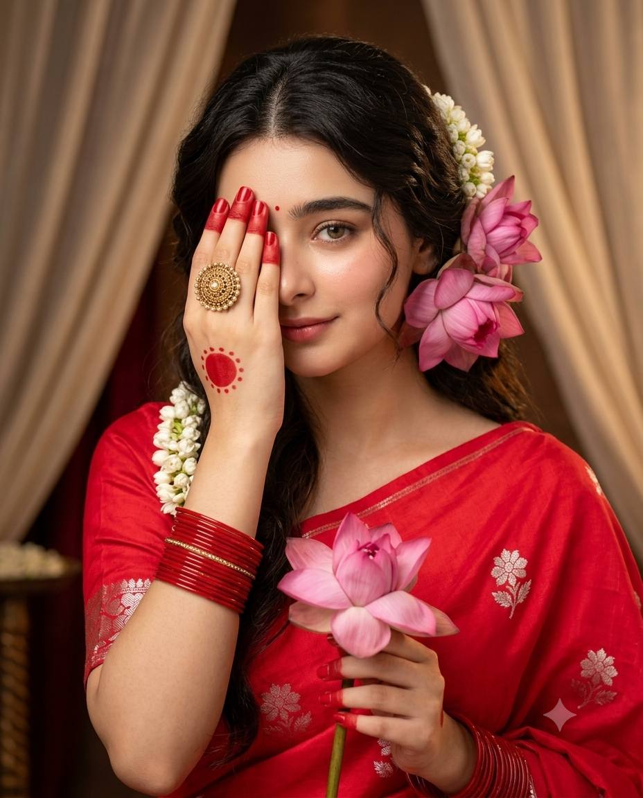 Red saree woman AI prompt | Lotus, mogra & traditional alta